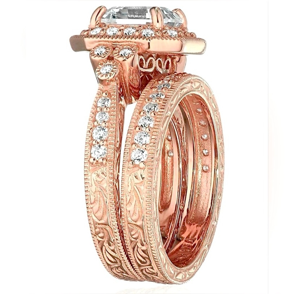 Rose Gold sterling silver Engagement Ring Set with Swarovski Stones Asher Cut - Picture 5 of 11